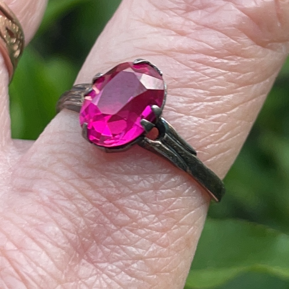 Antique sterling silver gold plated ring with artificially grown ruby